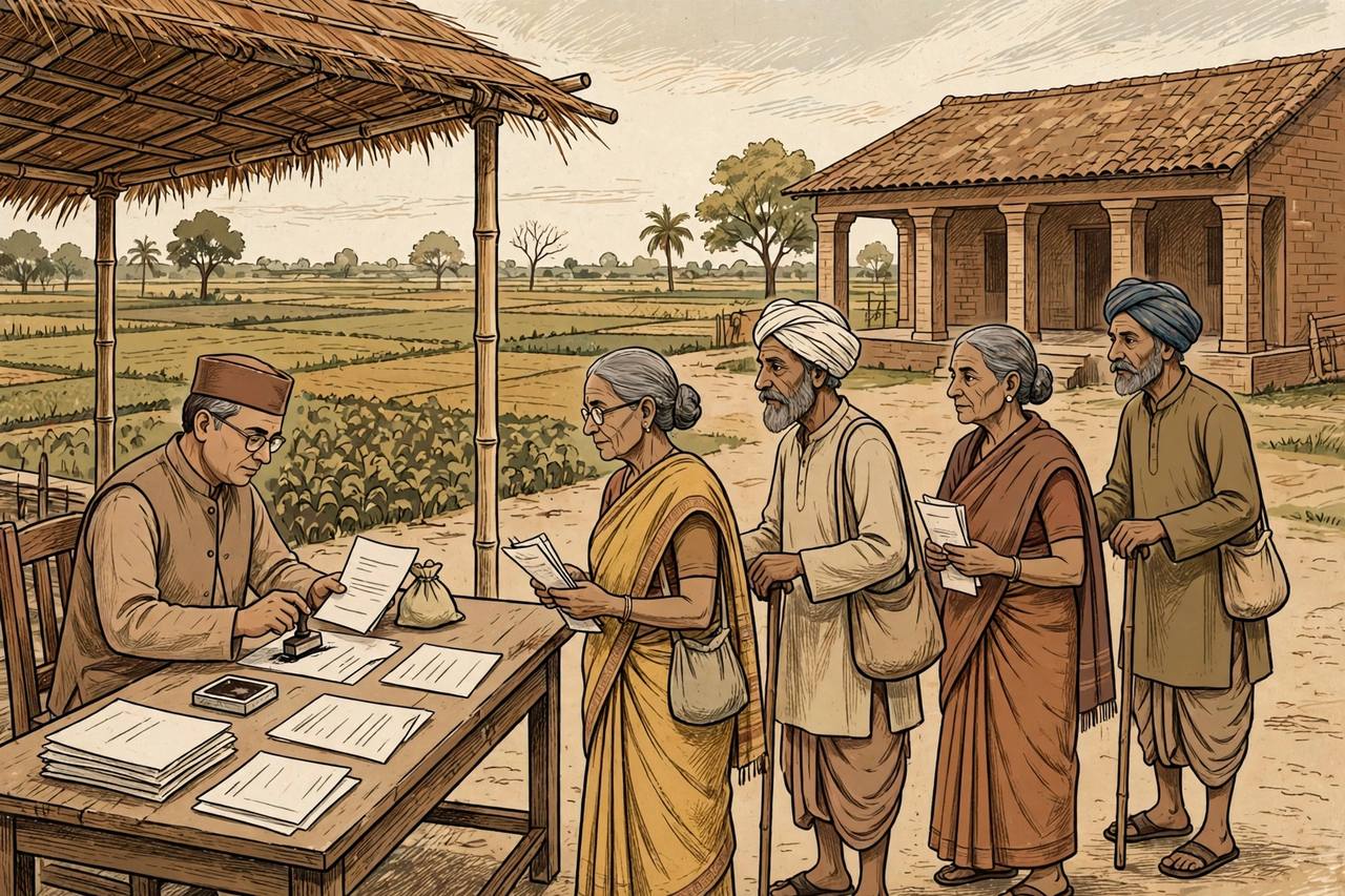 Editorial illustration of elderly villagers in Bihar queuing at an outdoor government pension verification desk while an official checks documents