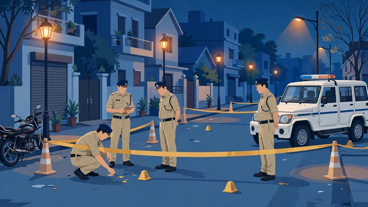 Editorial illustration of police examining a cordoned-off residential street in Patna at night
