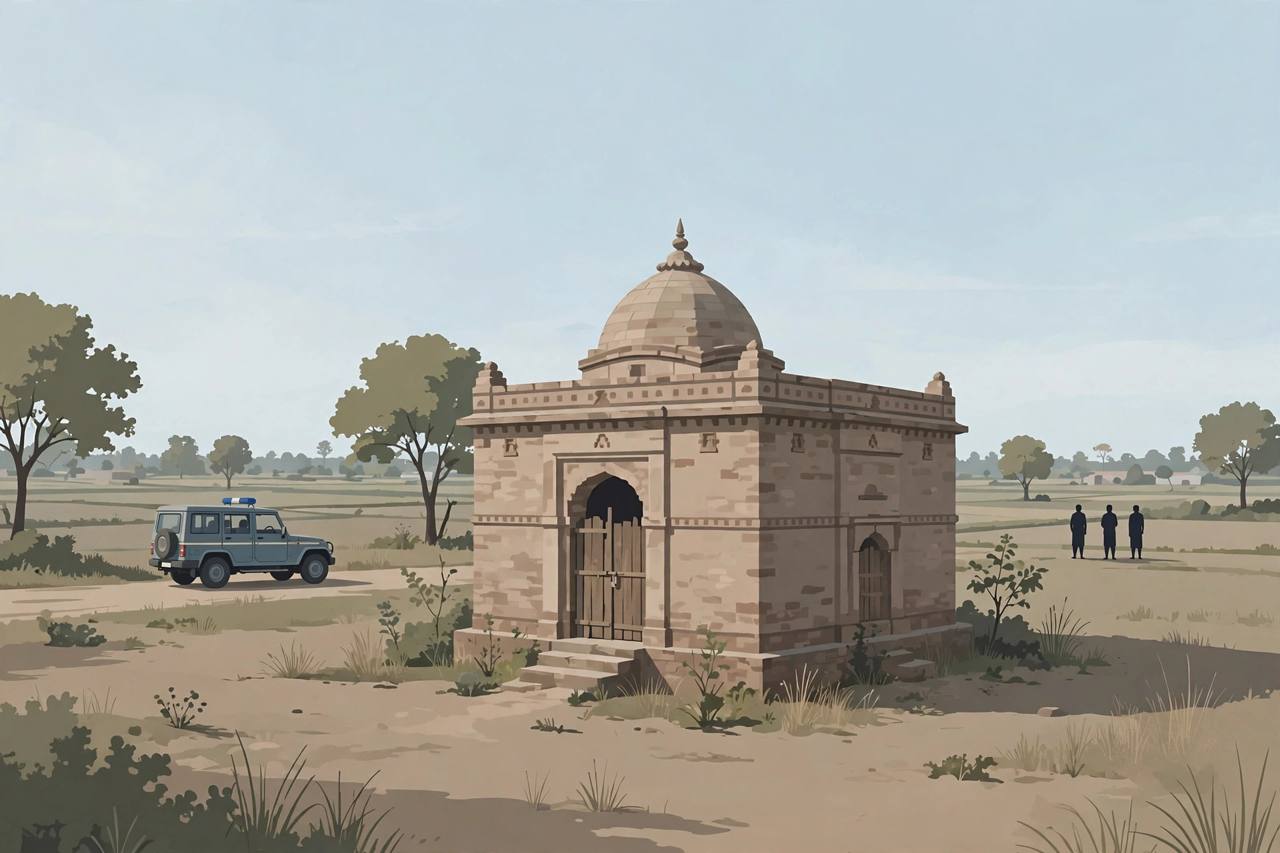 Editorial illustration of a small village temple in Bihar in daylight with a closed gate and a police jeep parked at a distance outside