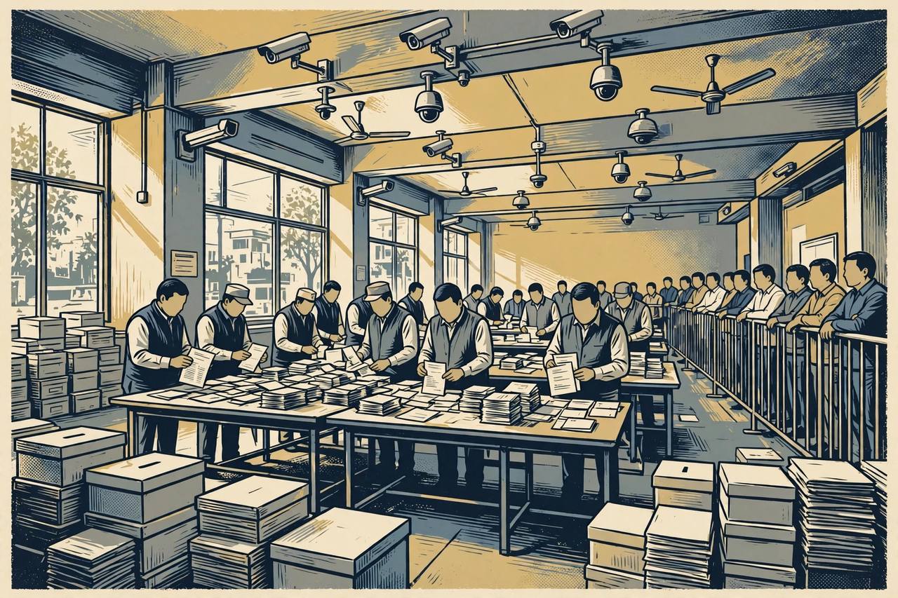 Editorial illustration of an election counting hall with officials examining paper ballot papers under CCTV cameras while candidate agents watch