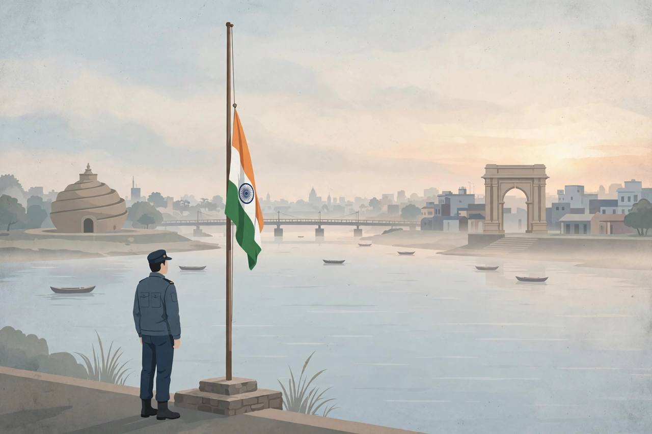 Editorial illustration of a lone uniformed security guard at attention at dawn beside a flagpole with the Indian flag at half-mast, with the Patna skyline and the Ganga river behind