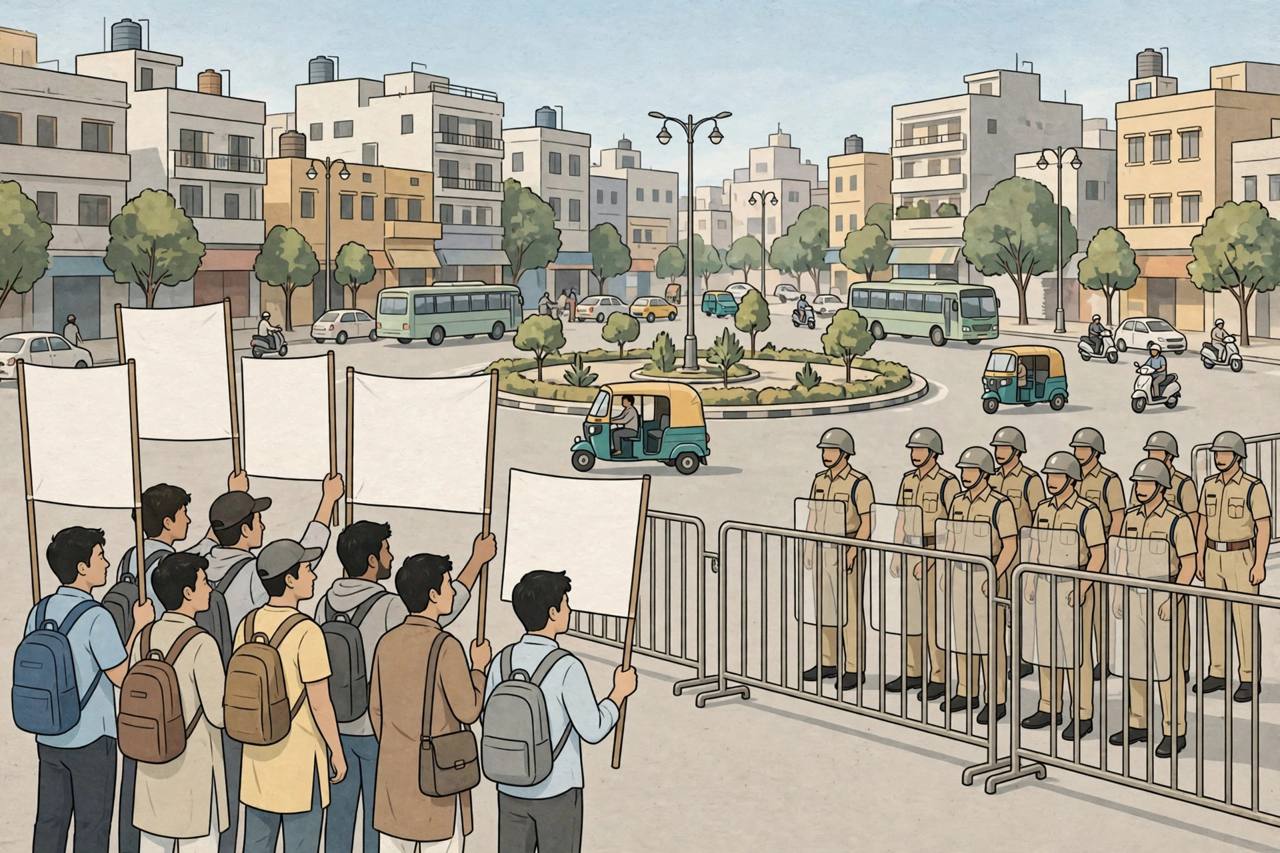 Editorial illustration of young exam aspirants holding blank banners facing police behind metal barricades at a city roundabout in Patna