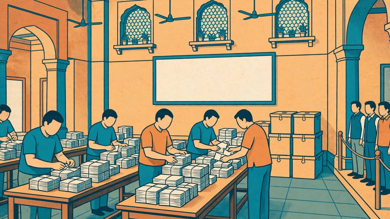 Editorial illustration of officials sorting bundles of paper ballots at long tables inside a Patna election counting hall, with sealed ballot boxes stacked nearby and a blank results board on the wall