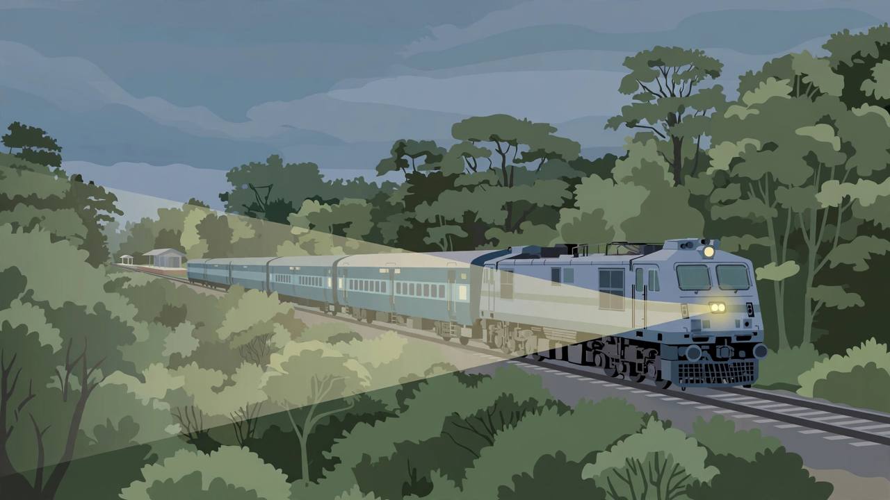 Editorial illustration of a passenger express train passing through dense forest at dusk near a small rural railway junction