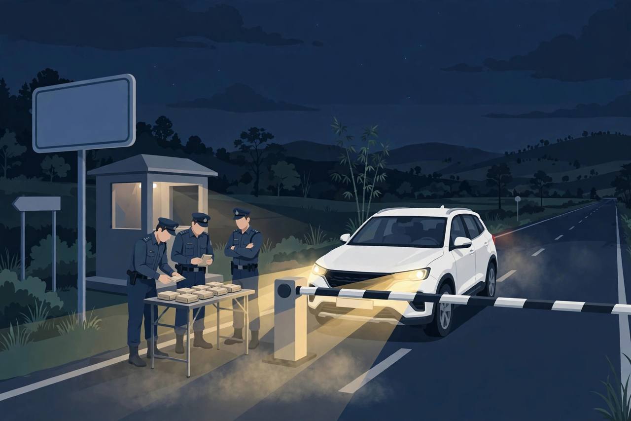 Editorial illustration of a night-time police check post on a highway in Bihar, with a white SUV stopped at a barrier and officers inspecting sealed packets on a table