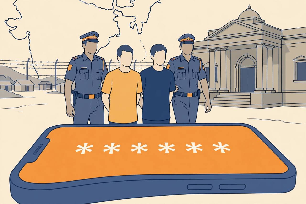 Editorial illustration of two generic men escorted by police officers outside a courthouse, with a large phone showing a one-time password in the foreground