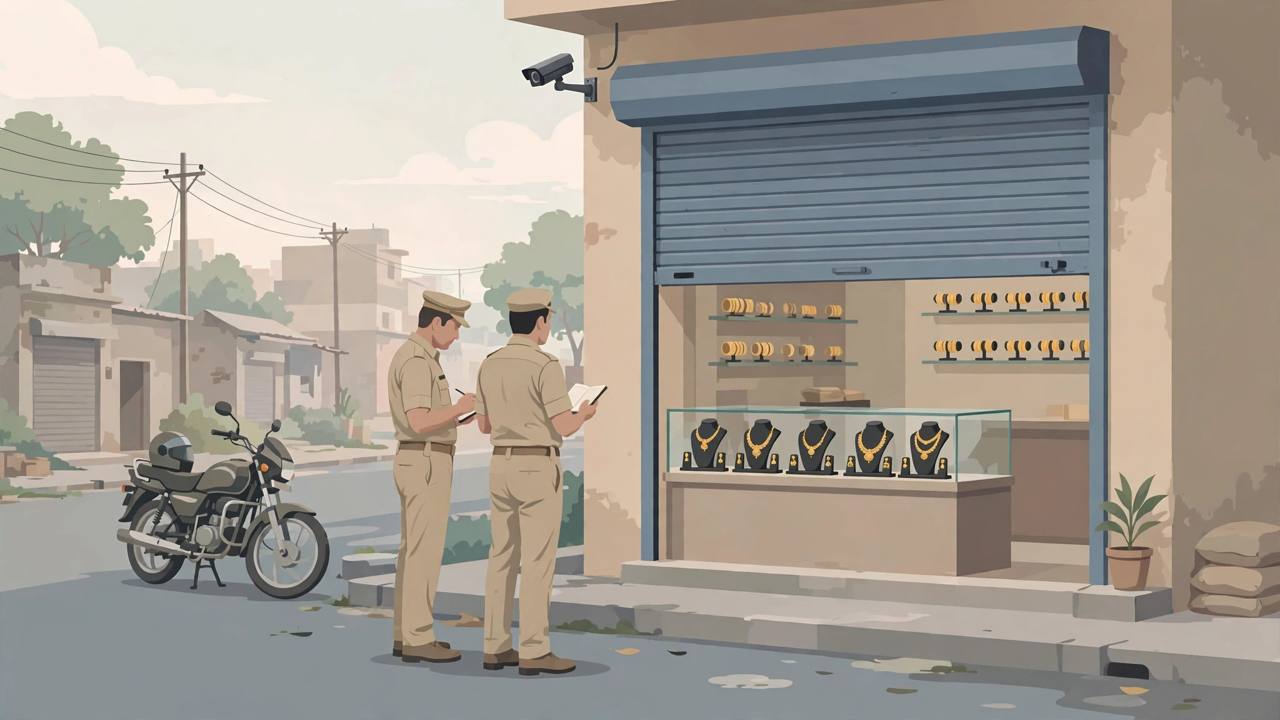 Editorial illustration of police officers examining the scene outside a jewellery shop in Koath, Rohtas, after an armed robbery