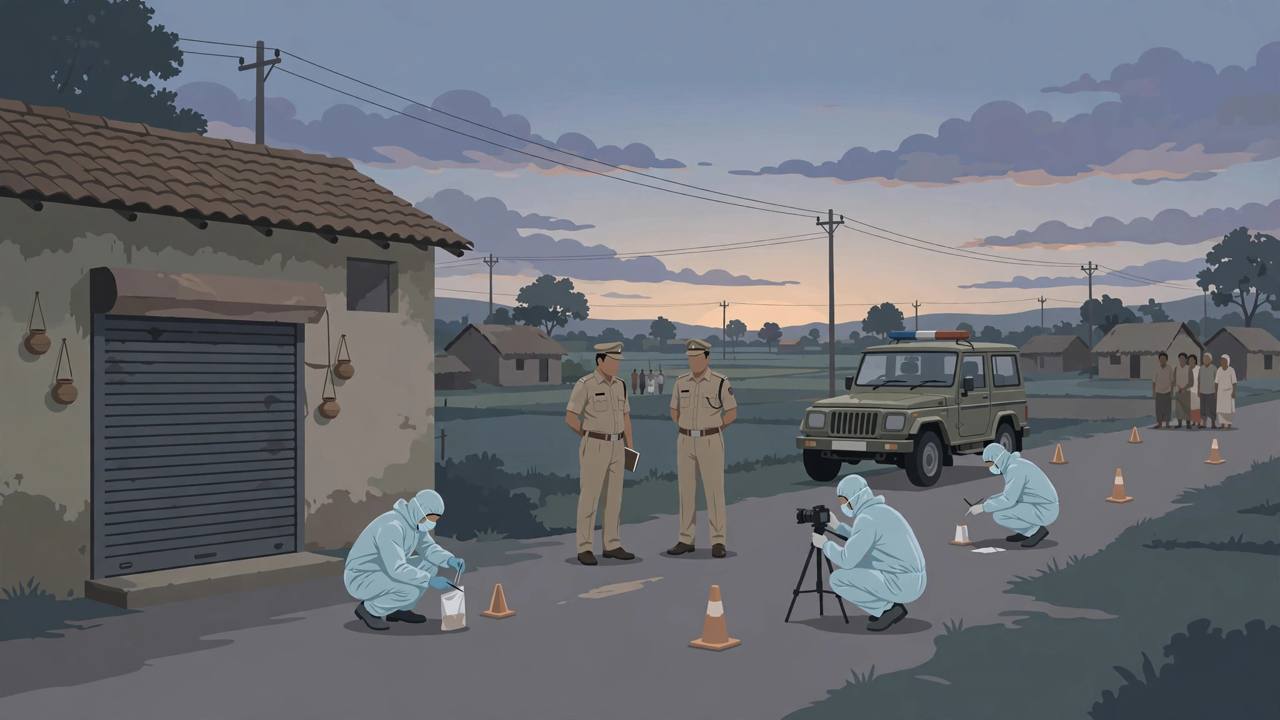 Editorial illustration of police and a forensic team examining a village road beside a closed shop at dusk in Samastipur district