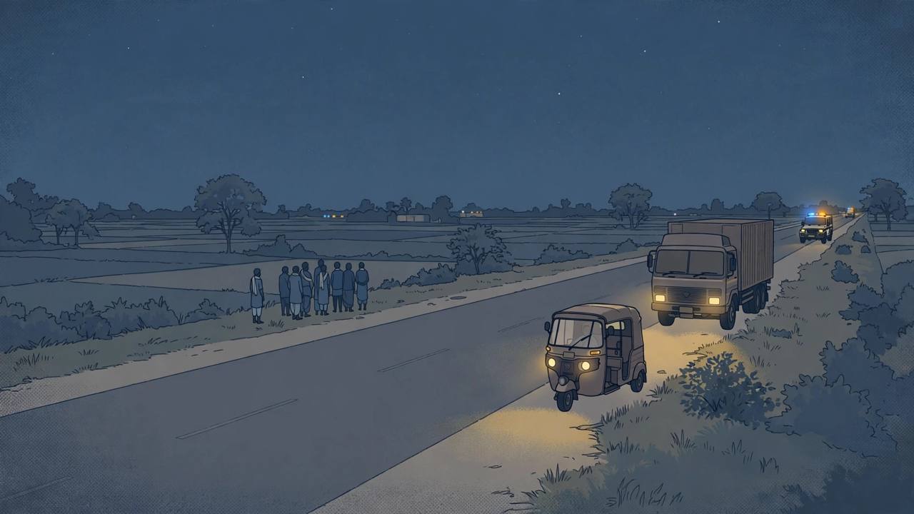 Editorial illustration of a quiet national highway in Bihar at night, with a small tempo and a truck stopped at a distance and a police vehicle in the background