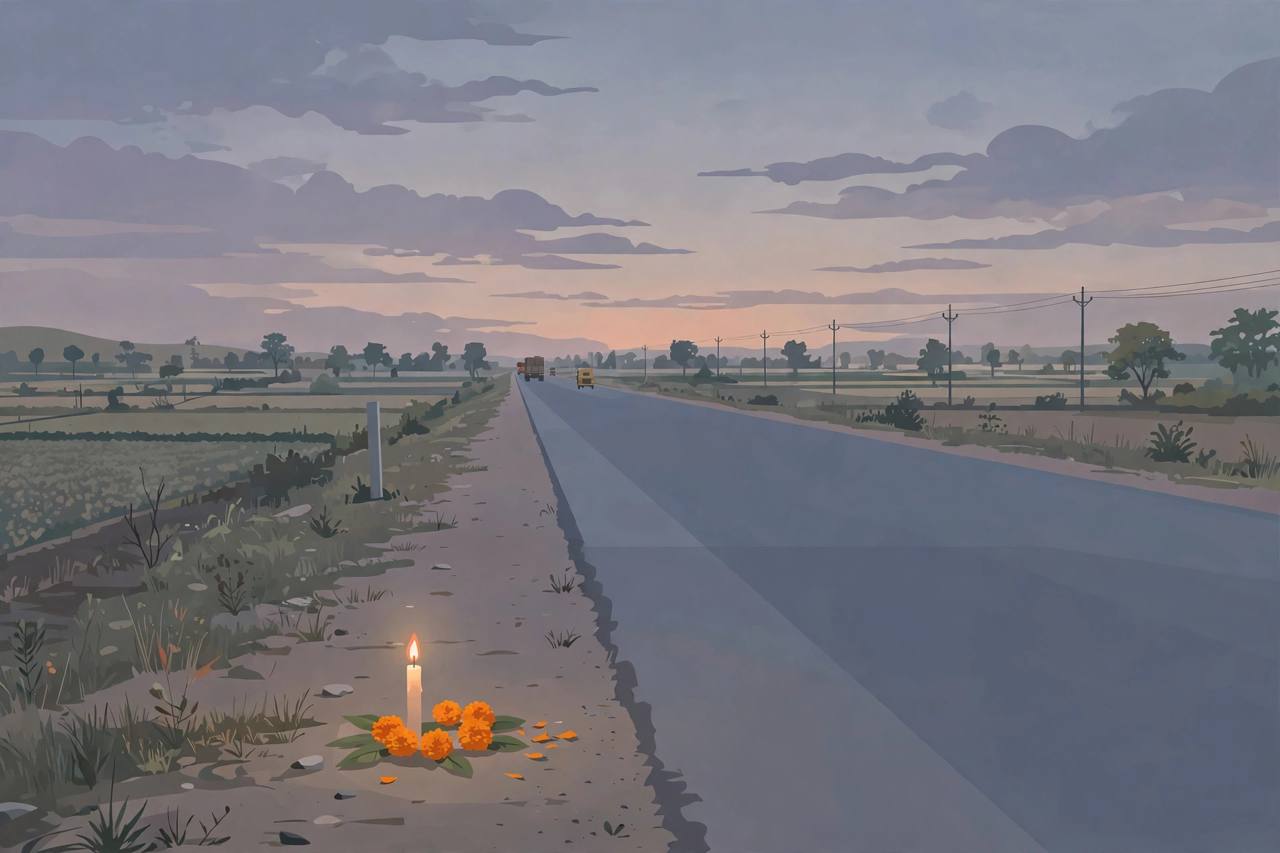 Editorial illustration of a quiet Bihar national highway at dusk with a candle and marigold flowers at the roadside in memory of road accident victims