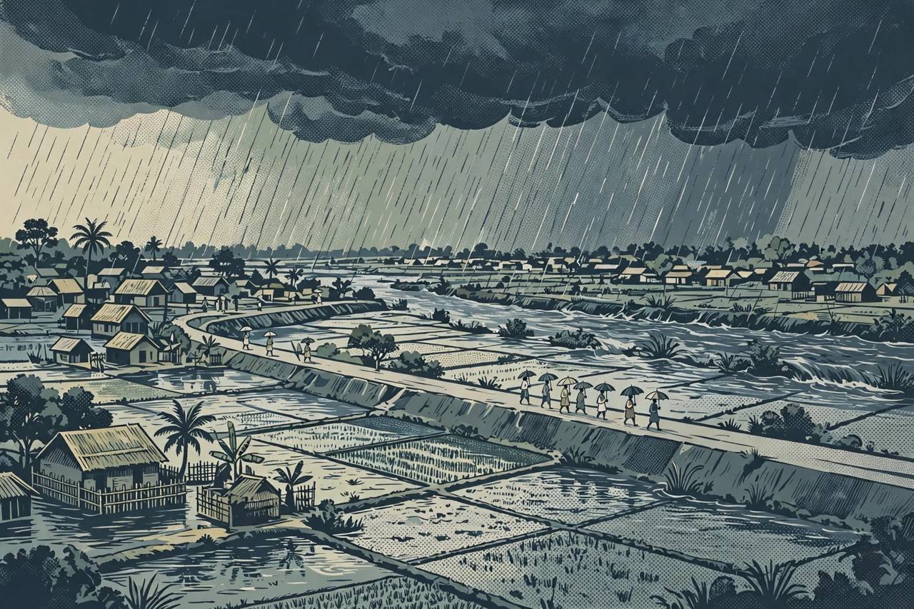 Editorial illustration of heavy rain and storm clouds over a north Bihar village with flooded fields and people carrying umbrellas