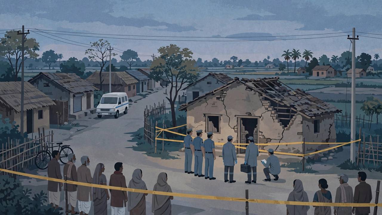 (Editorial illustration) Police and forensic officers standing behind a cordon tape outside a damaged village house at dusk in Siwan, Bihar, with villagers watching quietly and a police vehicle nearby
