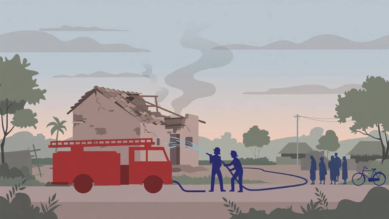 (Editorial illustration) Firefighters with a hose outside a damaged village house in Siwan district at dusk, villagers watching from a distance
