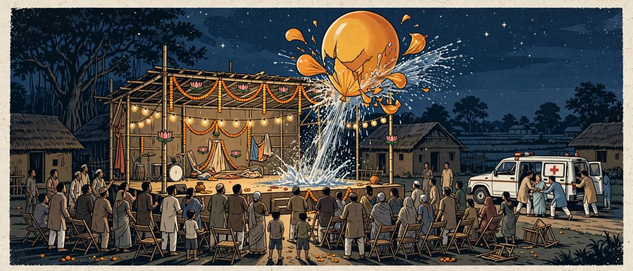Editorial illustration of a balloon bursting beside a village stage during a night play, with an ambulance nearby