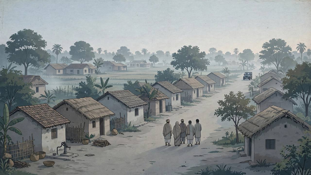 Editorial illustration of a quiet village street in Siwan district, Bihar, with a police jeep at a distance