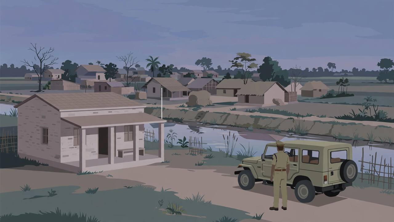 (Editorial illustration) A generic police officer beside a police jeep near a village canal embankment in rural Bihar at dusk, with village houses in the background