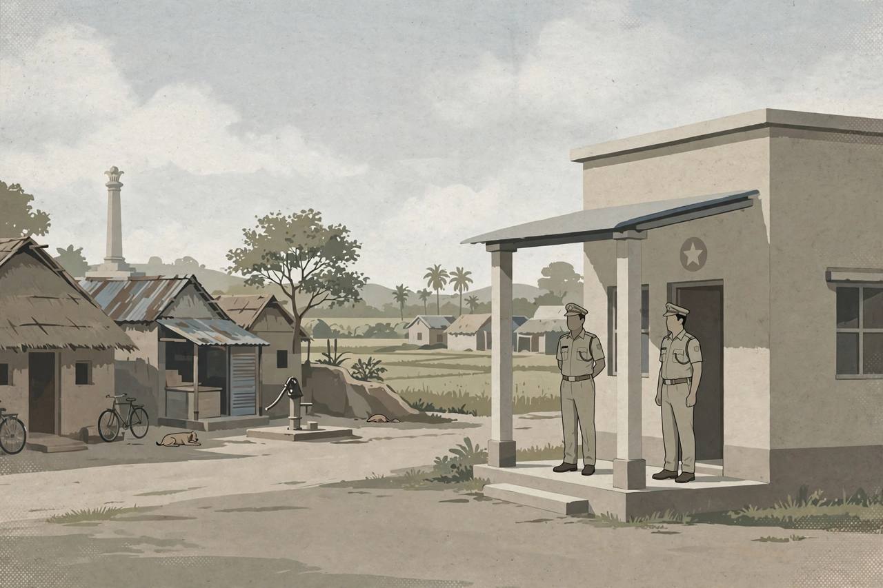 Editorial illustration of a quiet village street in Vaishali district, Bihar, with a generic police station building and police officers standing outside in daylight, sombre mood, no depiction of any incident