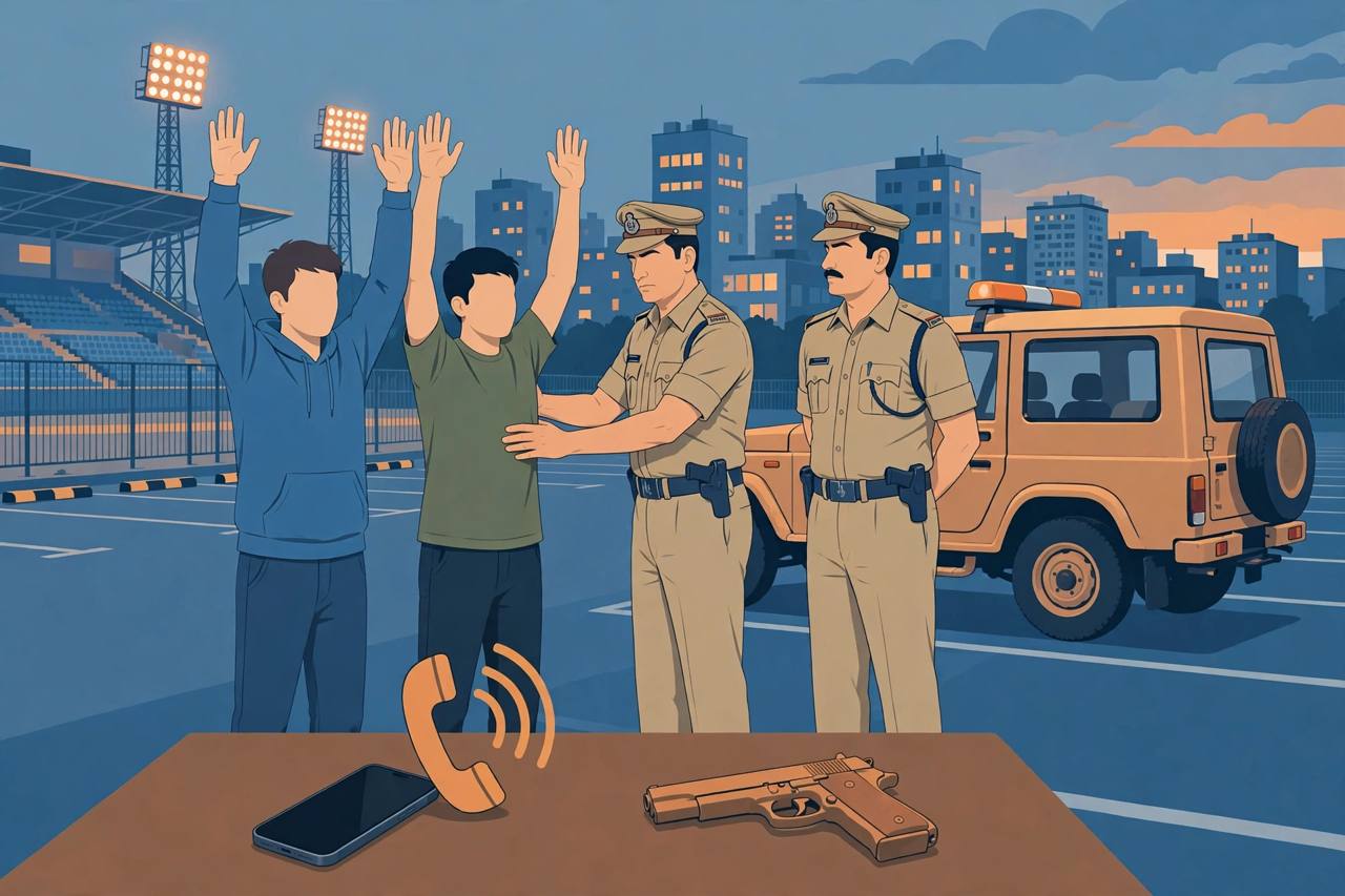 Editorial illustration of Chandigarh Police detaining two suspects in a stadium parking area, with a phone and pistol as evidence