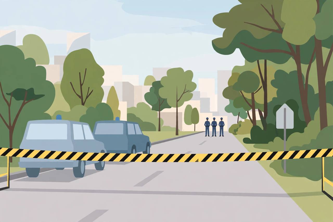 Editorial illustration of a police cordon on a wooded sector road in Chandigarh