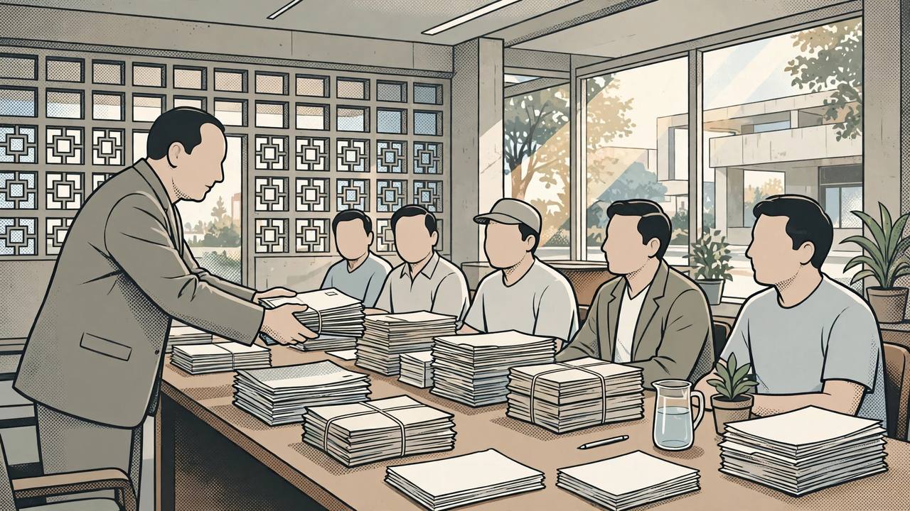 Editorial illustration of a minister handing personnel files to worker union representatives at a meeting table
