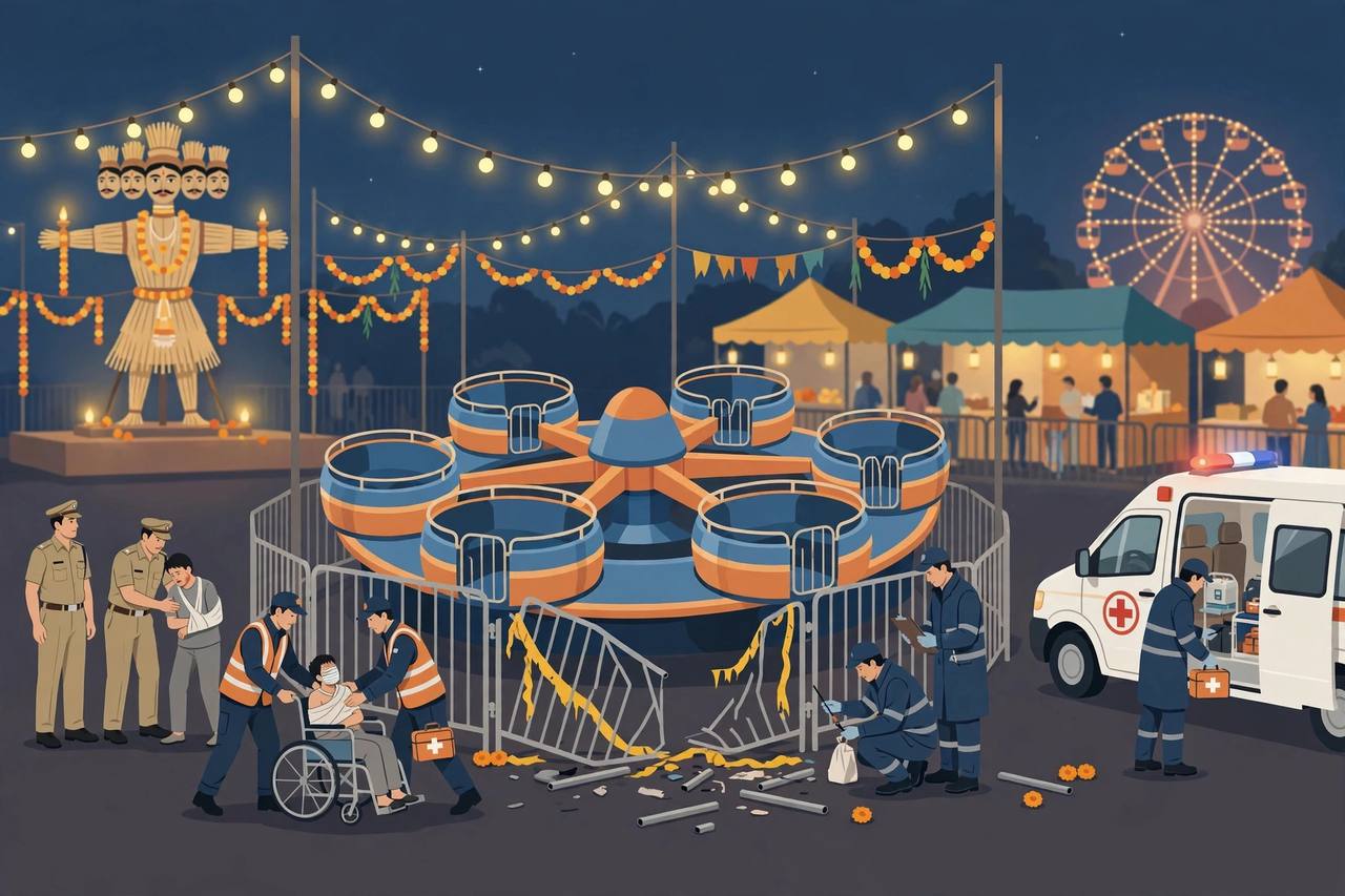 Editorial illustration of a carnival mixer ride at a Dussehra fair in Delhi with a broken gate, injured visitors being helped and police inspecting the scene