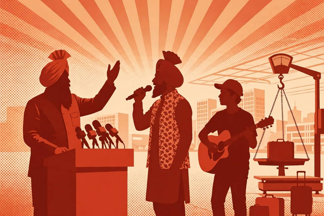 Editorial illustration of a Punjabi politician speaking at a press conference podium, with generic singer figures and an airport baggage scale in the background
