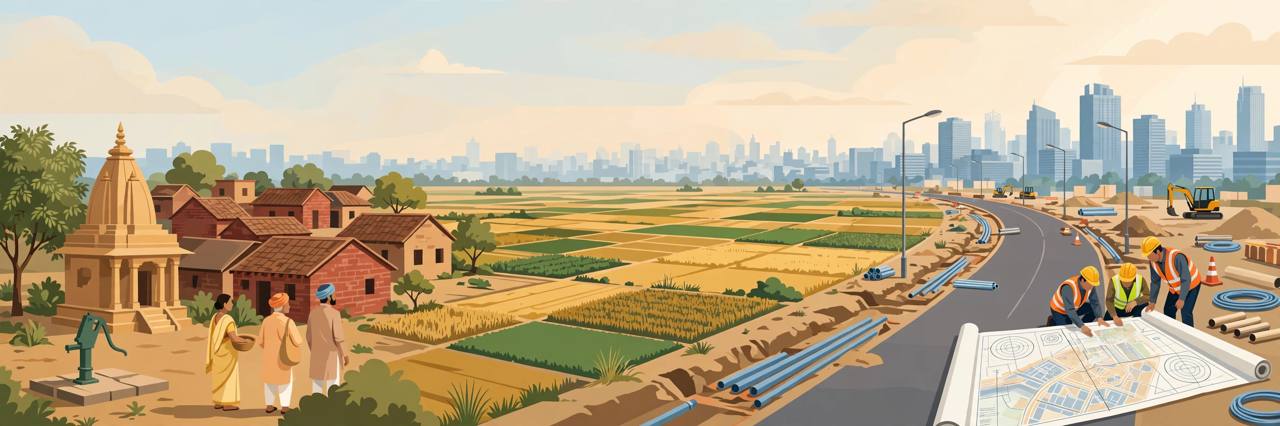 Editorial illustration of a Delhi village with brick houses, a small temple and farmland on one side, and a new paved road, street lights, water pipes under construction and the Delhi skyline on the other, with officials unrolling a city planning map