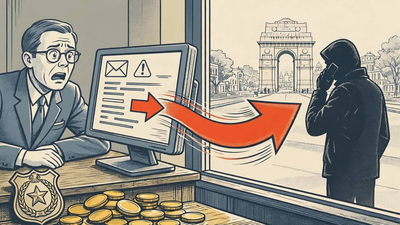 Editorial illustration of a bank officer alarmed by a forged email transfer at a bank counter in New Delhi, with a shadowy caller and gold coins in the foreground