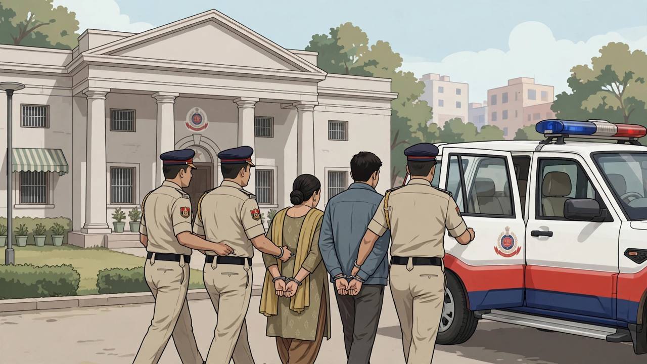 Editorial illustration of Delhi Police Crime Branch officers escorting two generic handcuffed figures toward a police vehicle outside a Delhi police station