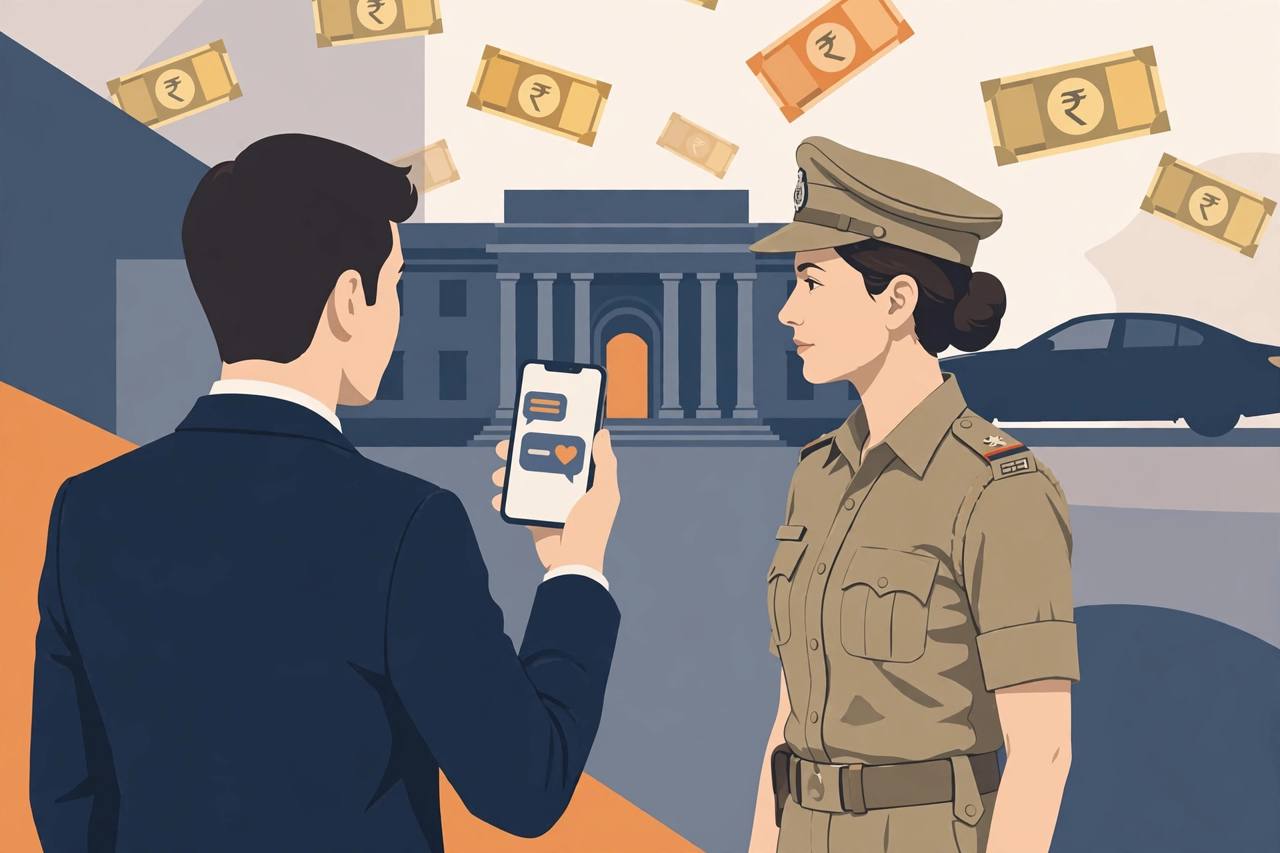 (Editorial illustration) A generic man in a suit holding a smartphone with chat bubbles, facing a generic woman police constable, with stylised rupee notes and a car in the background