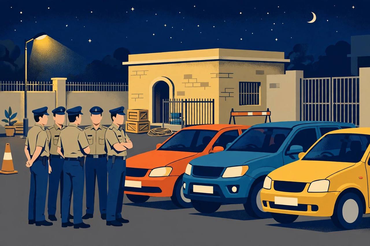 Editorial illustration of police officers beside recovered stolen cars at a Delhi police station yard