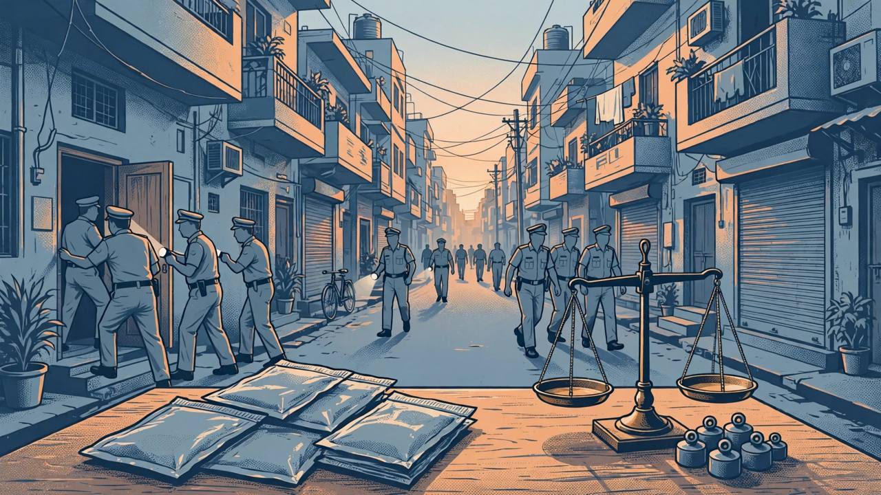 Editorial illustration of police officers conducting a raid on a narrow Delhi residential street, with sealed evidence packets and a weighing scale on a table in the foreground