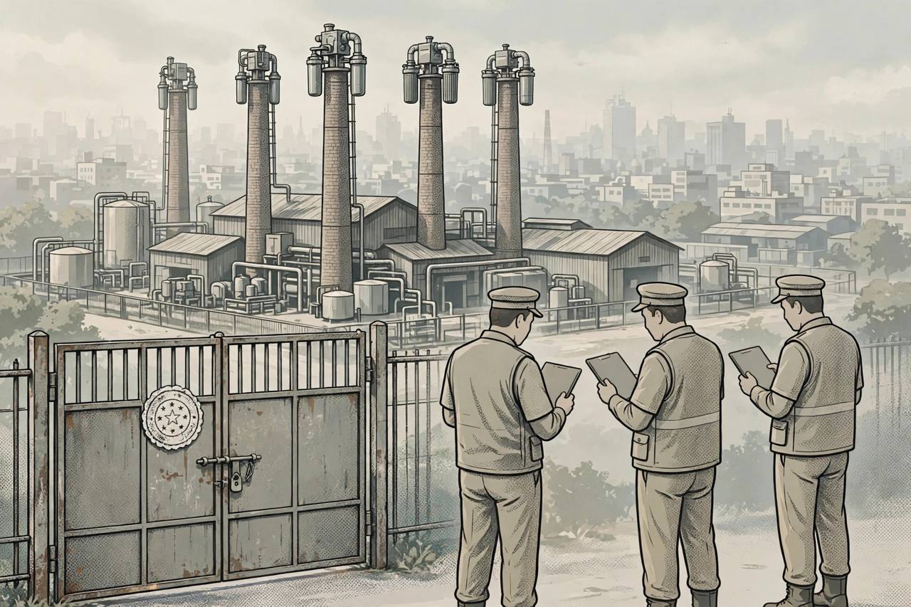 Editorial illustration of inspectors with clipboards outside a sealed factory gate, with industrial chimneys fitted with pollution control devices and a hazy Delhi-NCR skyline behind