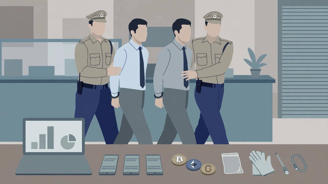 Editorial illustration of police officers escorting generic bank employees, with mobile phones and cryptocurrency symbols on an evidence table