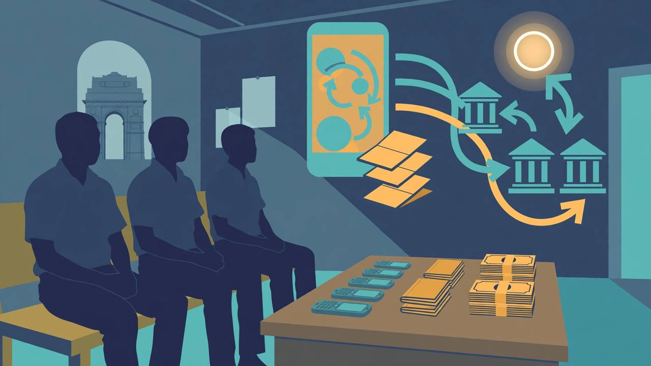 Editorial illustration of generic silhouetted men seated in a Delhi police station with seized mobile phones, passbooks and cash bundles on a desk, and layered arrows showing money moving between bank accounts into a digital coin