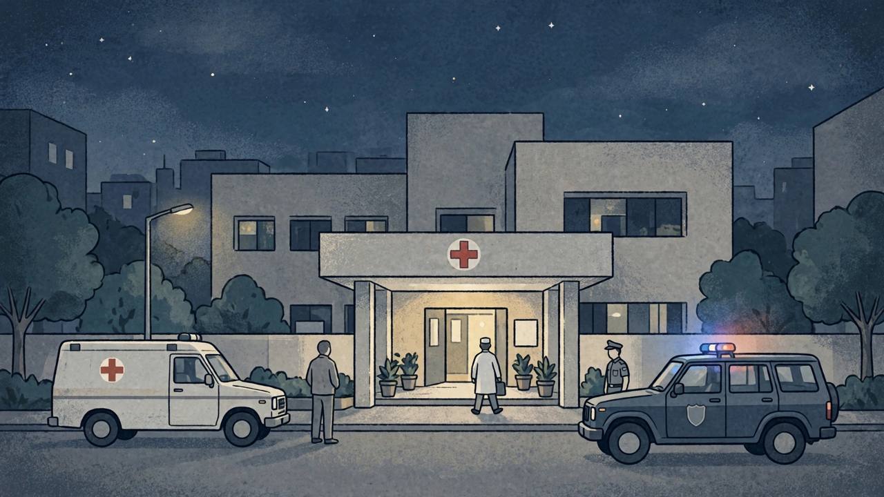 (Editorial illustration) A government hospital emergency entrance in Delhi at night with an ambulance and a police vehicle outside