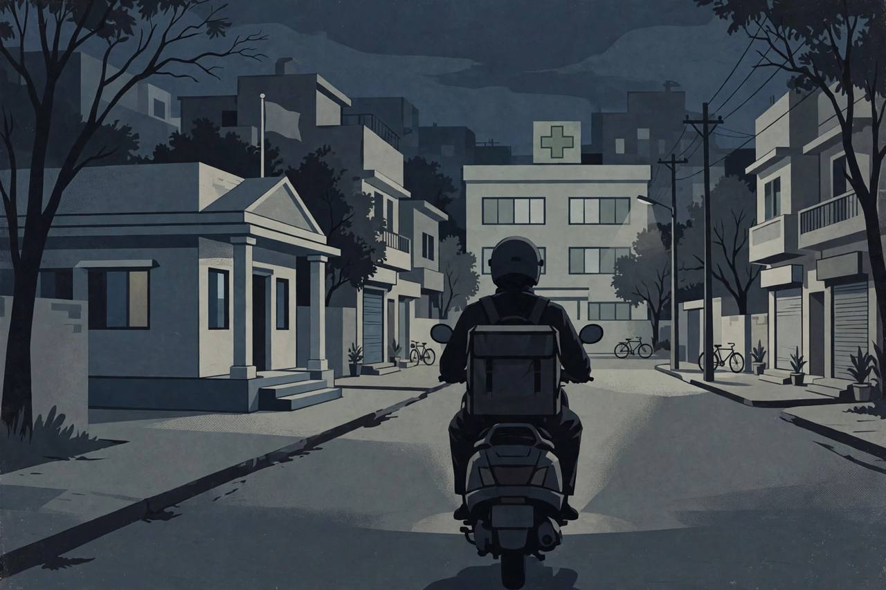 Editorial illustration of a delivery rider on a scooter at night on an East Delhi street, with a police station and a hospital in the background