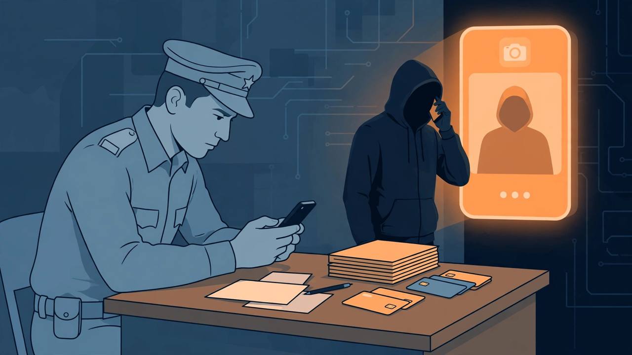(Editorial illustration) A cyber-crime police officer examining a smartphone, chequebooks and bank cards on a desk, with a hooded figure on a phone beside a glowing video-call screen in the background