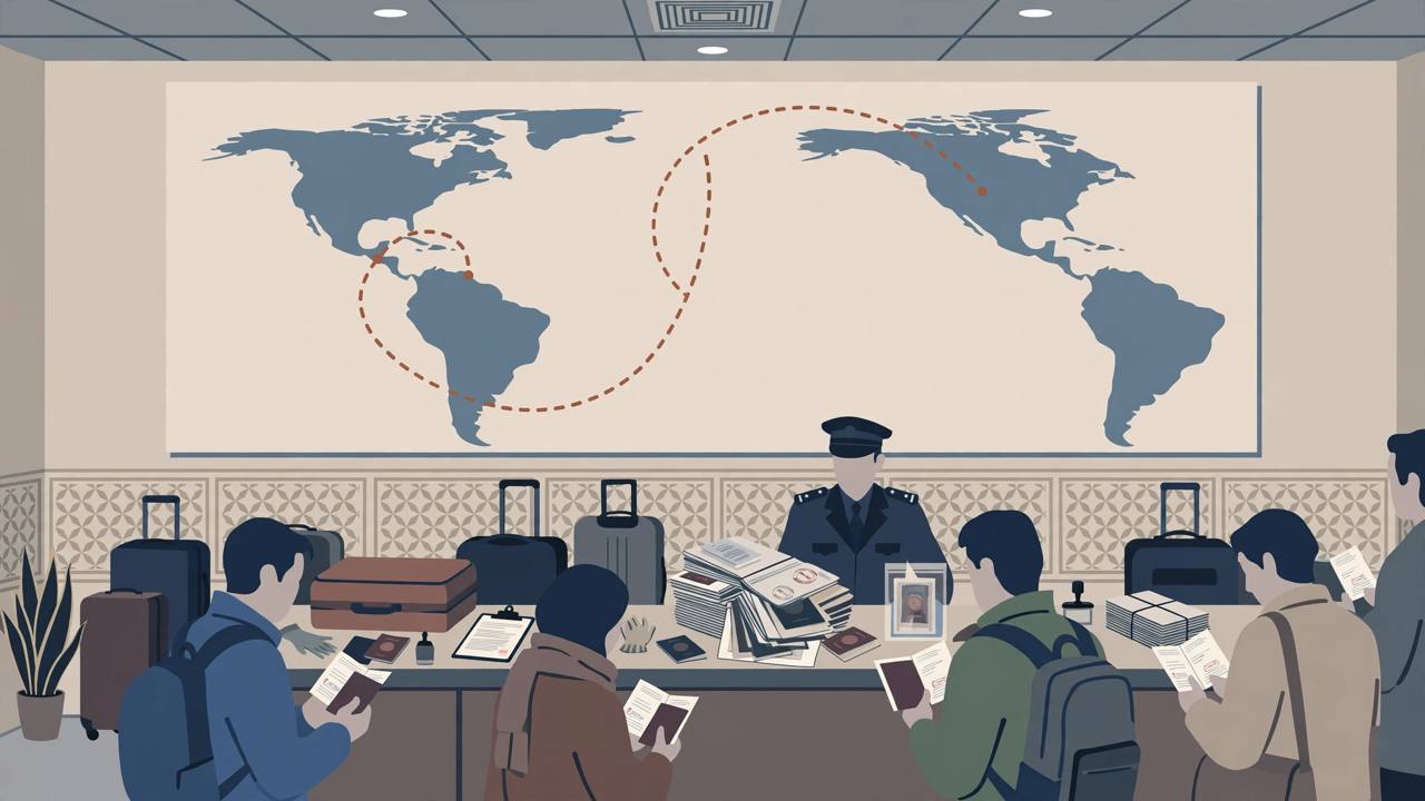 Editorial illustration of travellers with passports at an airport investigations desk, with a dotted route map looping through South America toward North America on the wall
