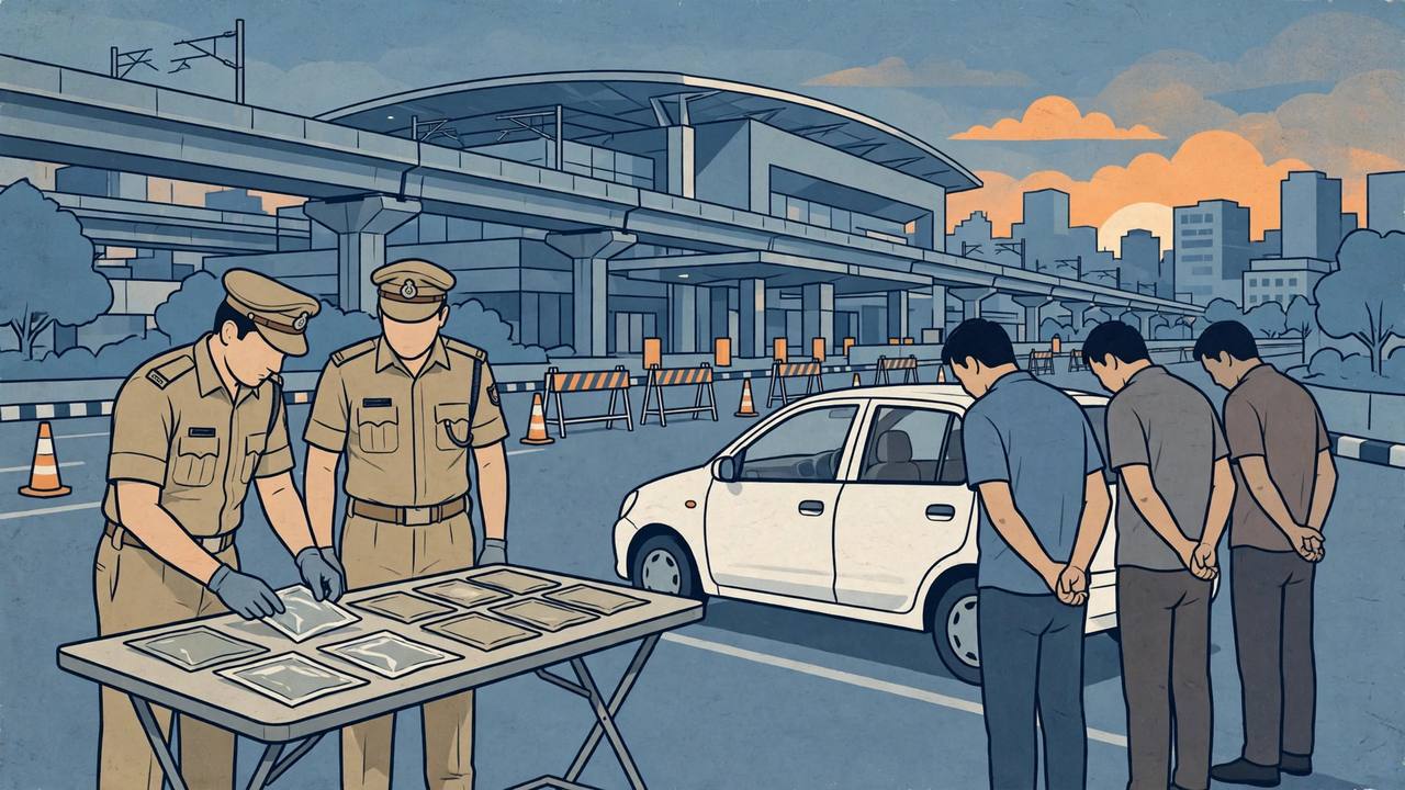 Editorial illustration of Delhi police officers inspecting seized evidence packets beside a white hatchback car at a checkpoint in Dwarka, Delhi, with three detained men standing nearby