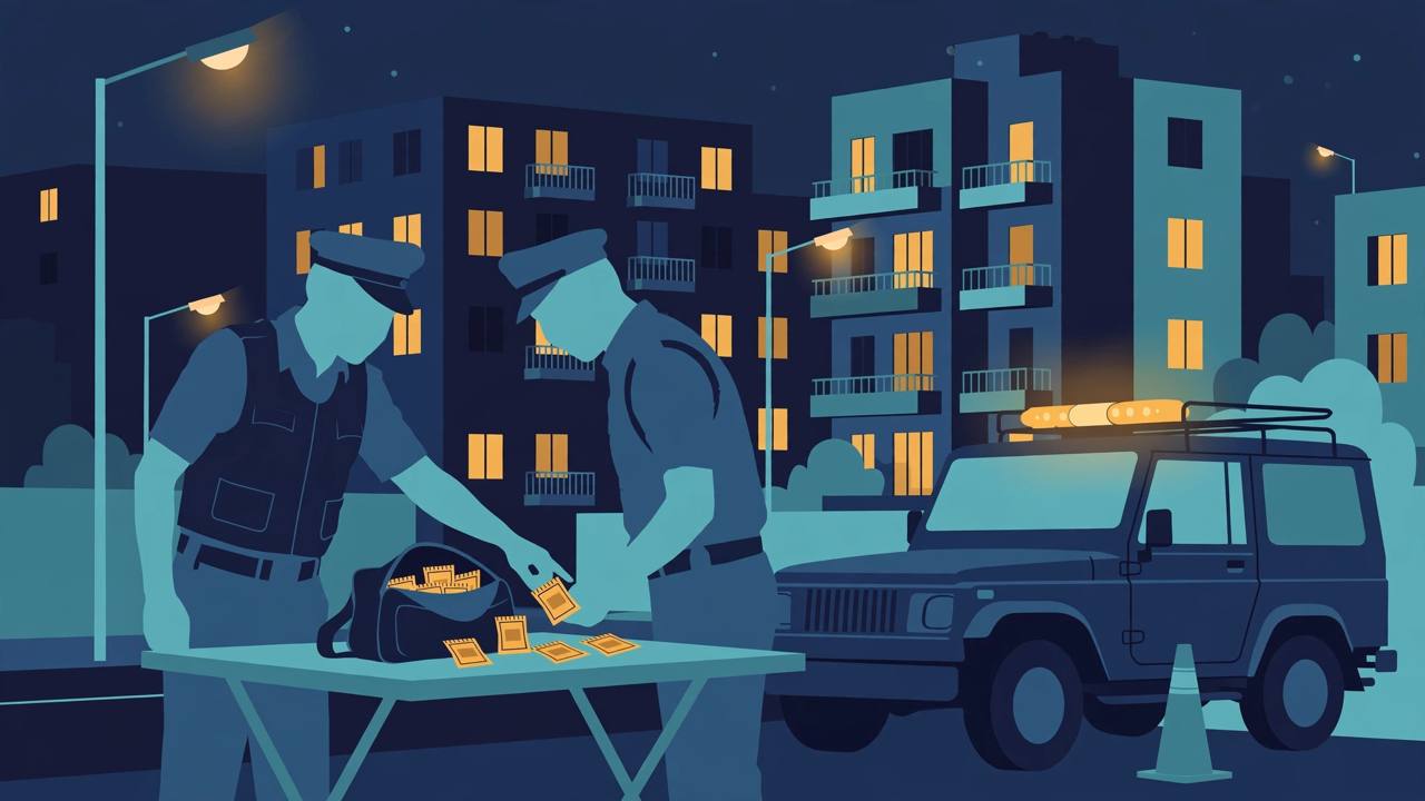 Editorial illustration of a police anti-narcotics checkpoint at night outside apartment buildings in a Delhi residential neighbourhood