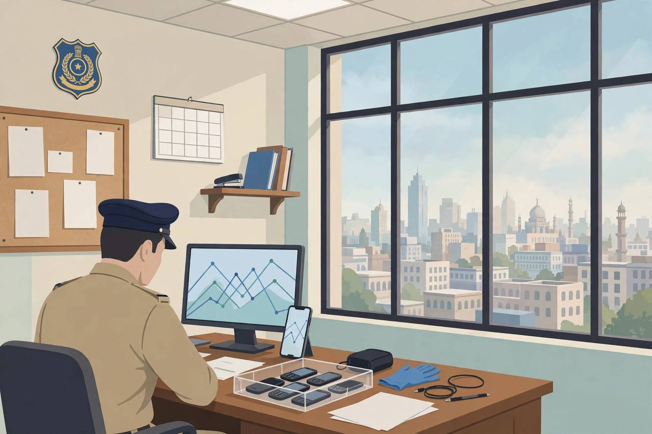 Editorial illustration of a cyber police officer at a desk examining transaction charts on a computer, with seized mobile phones in an evidence tray, Delhi skyline through the window