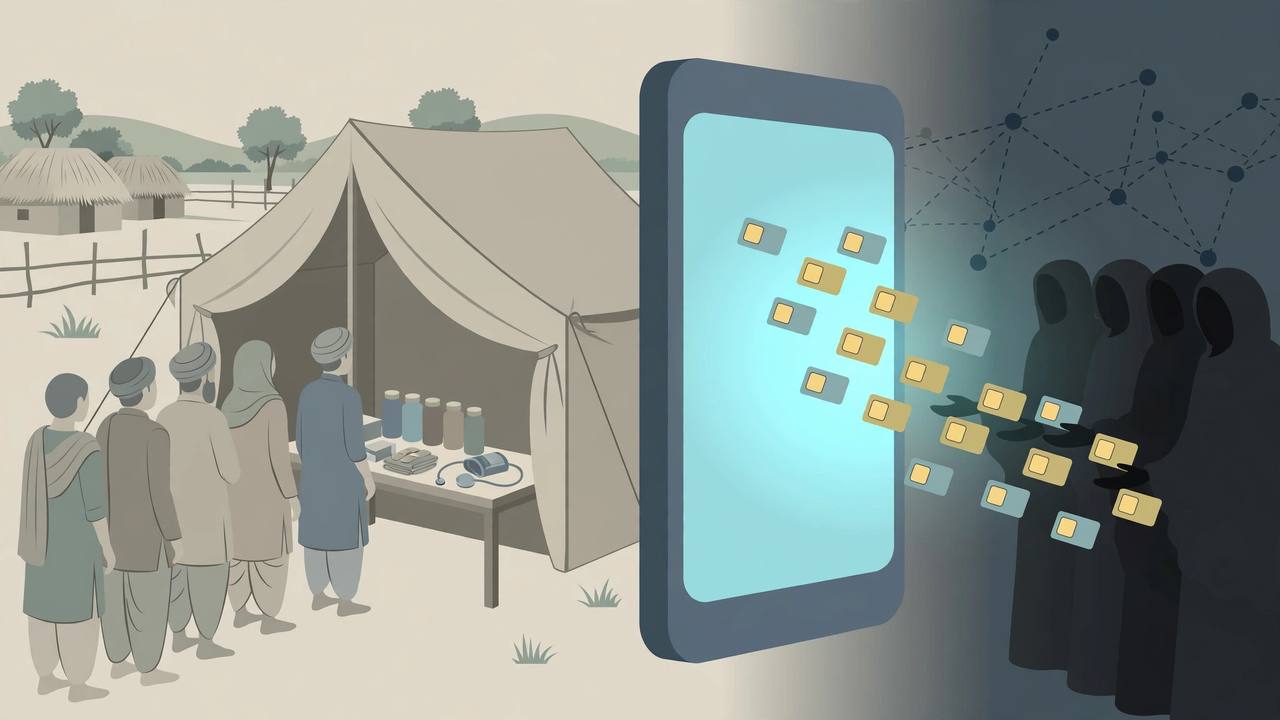 Editorial illustration of a village health camp tent with people queuing beside a table of medicines, next to a giant smartphone releasing SIM cards toward shadowy figures