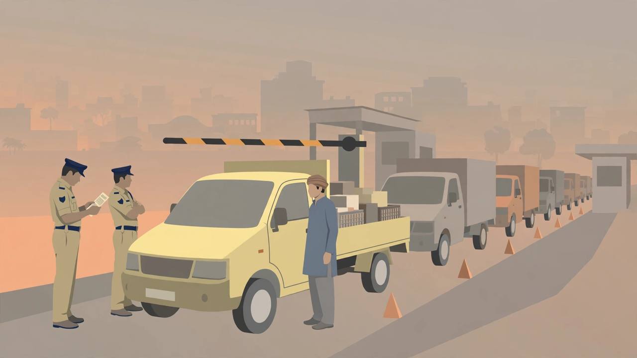Editorial illustration of traffic police officers checking a commercial truck and examining a permit document at a Delhi border checkpoint in smoggy conditions