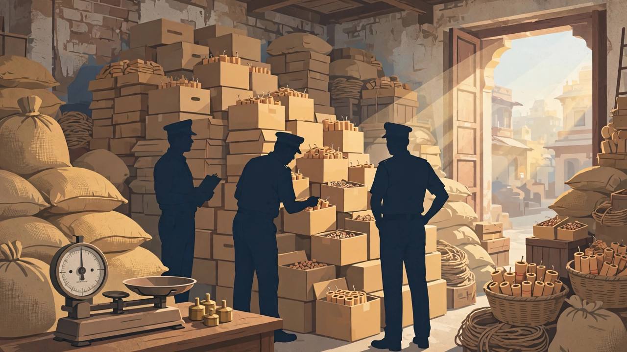 Editorial illustration of police officers inspecting stacked cartons of seized firecrackers inside a crowded Delhi market warehouse