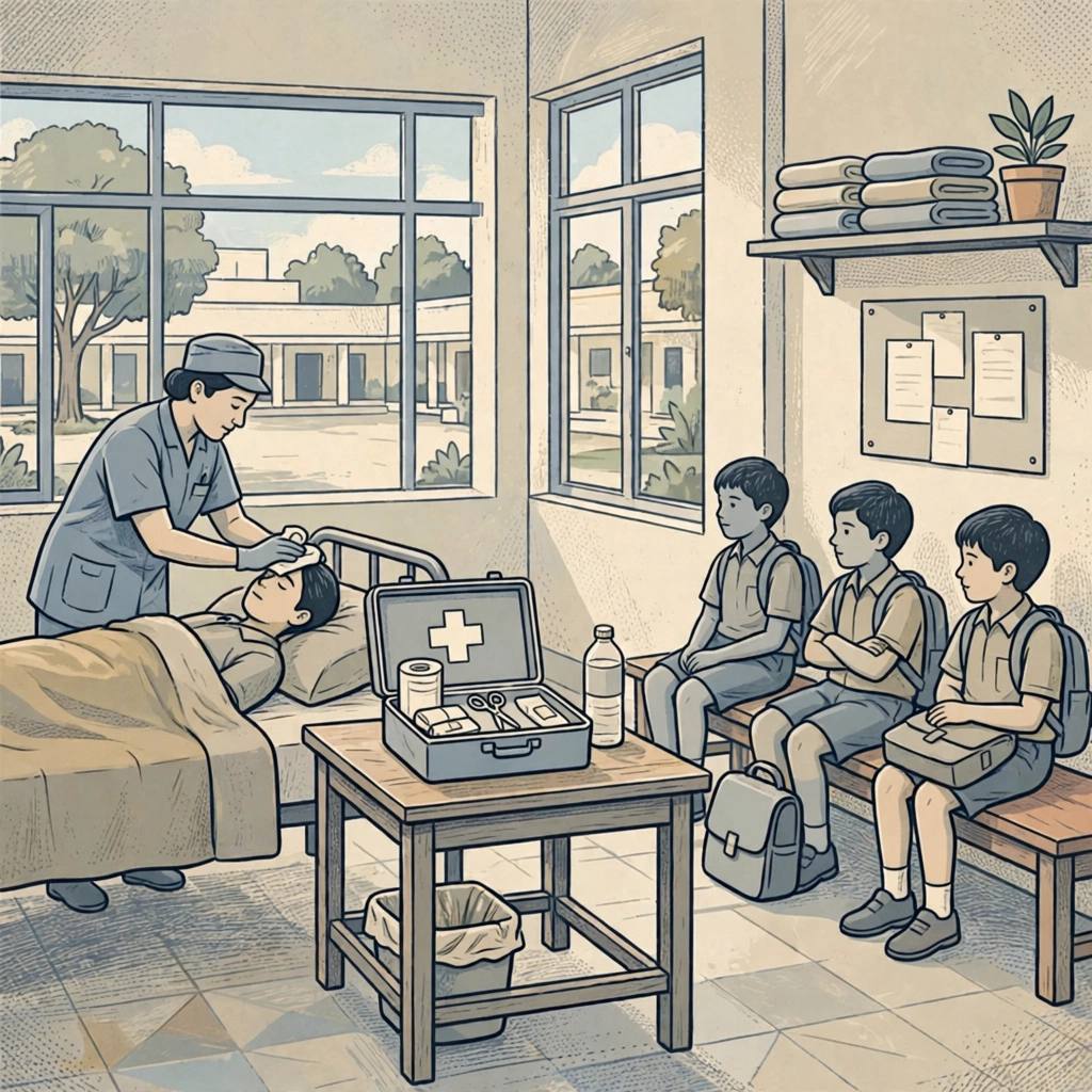 Editorial illustration of a government school first-aid room in Delhi with a health worker tending to a resting student