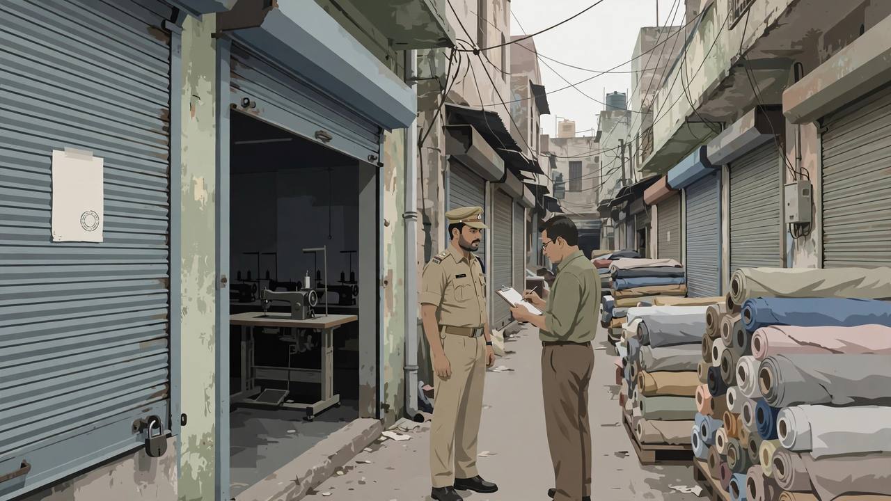 Editorial illustration of a Gandhi Nagar garment lane in east Delhi with shuttered sewing workshops, one shutter closed with an official paper seal and padlock, sewing machines inside an open doorway, a police officer and a labour official with a clipboard, and stacks of fabric rolls