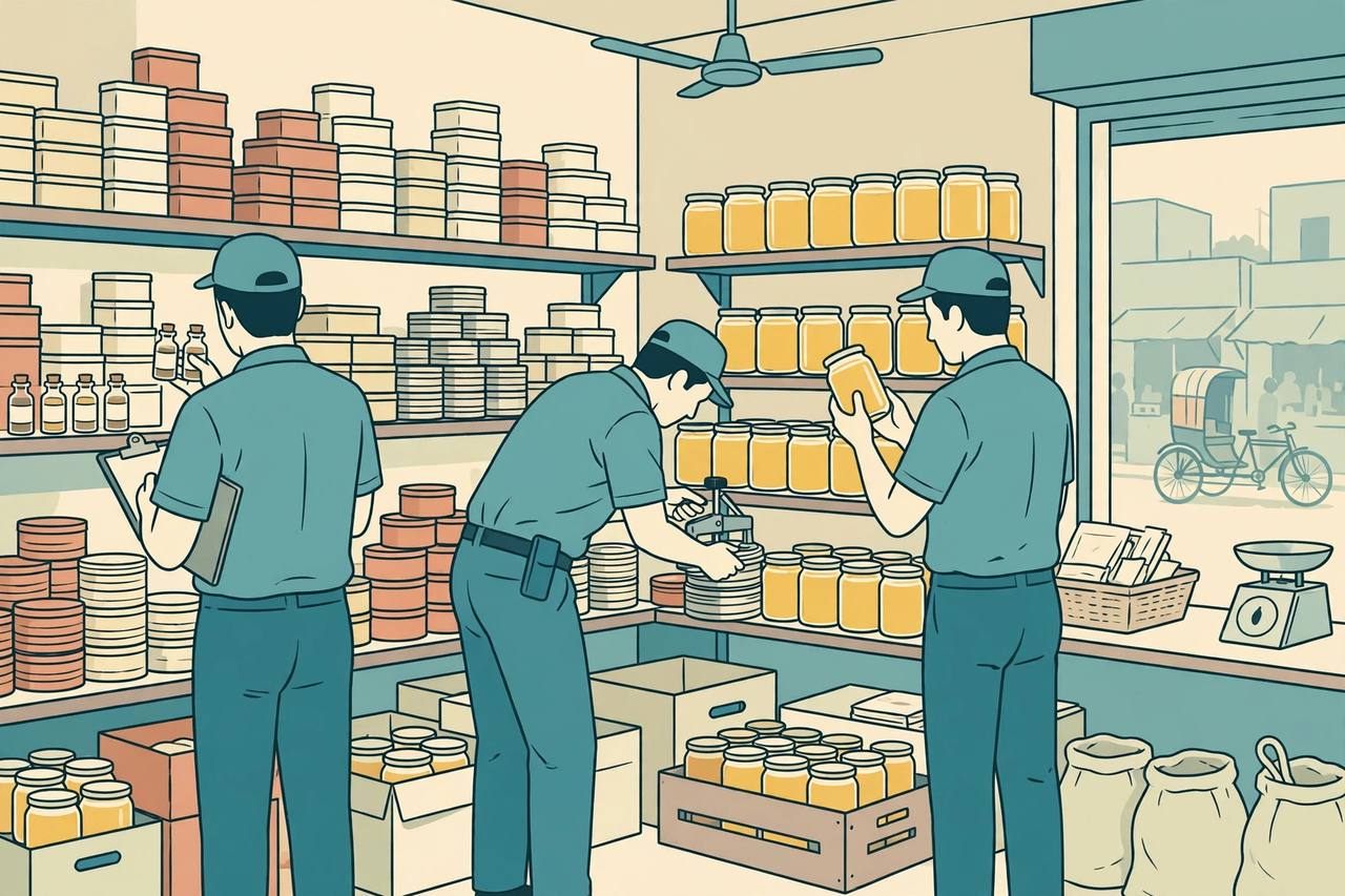 Food safety inspectors examine jars of ghee inside a discount store in Delhi (Editorial illustration)