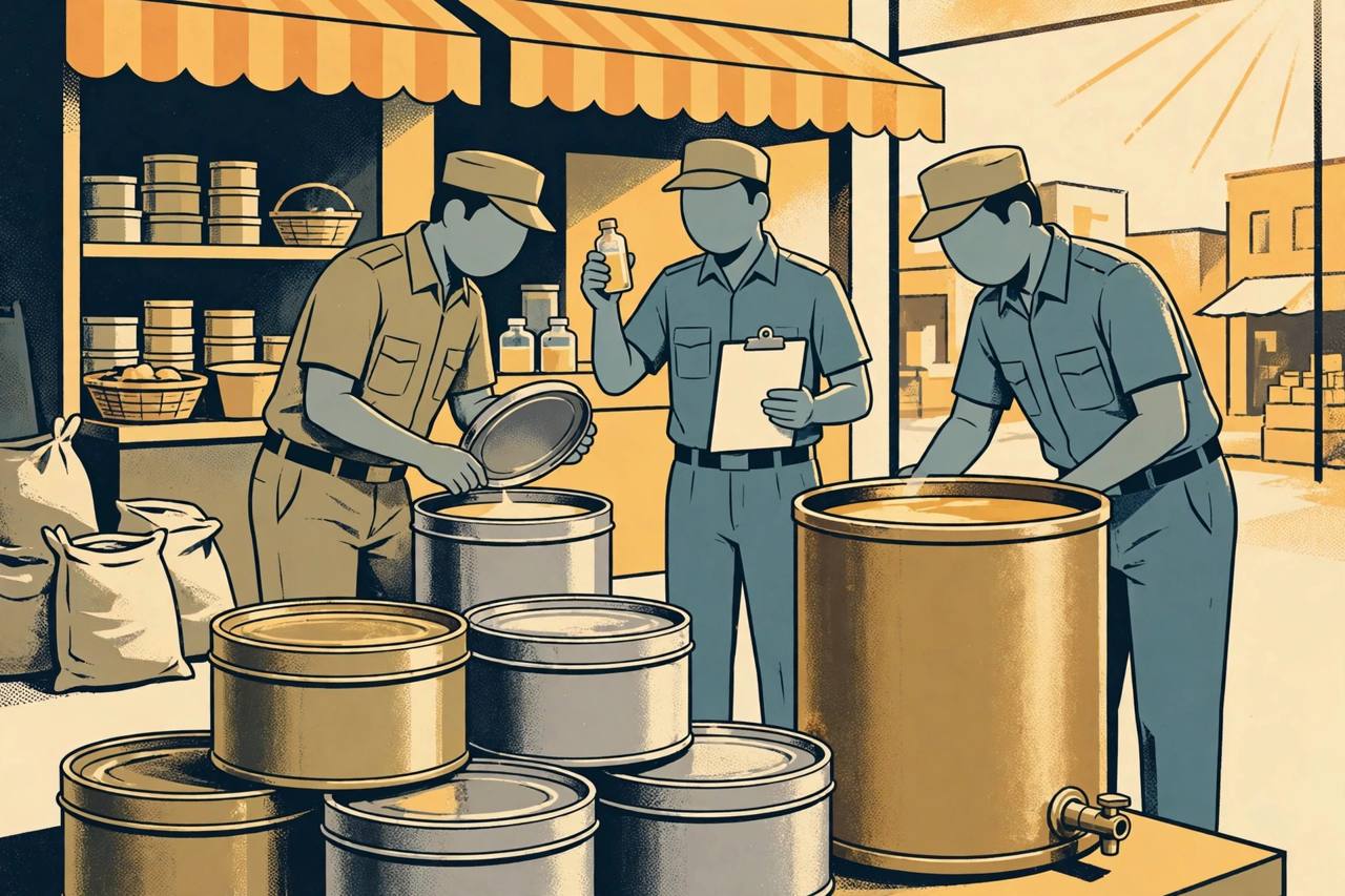 Food safety inspectors examine large tins of ghee at a Delhi market shop (Editorial illustration)