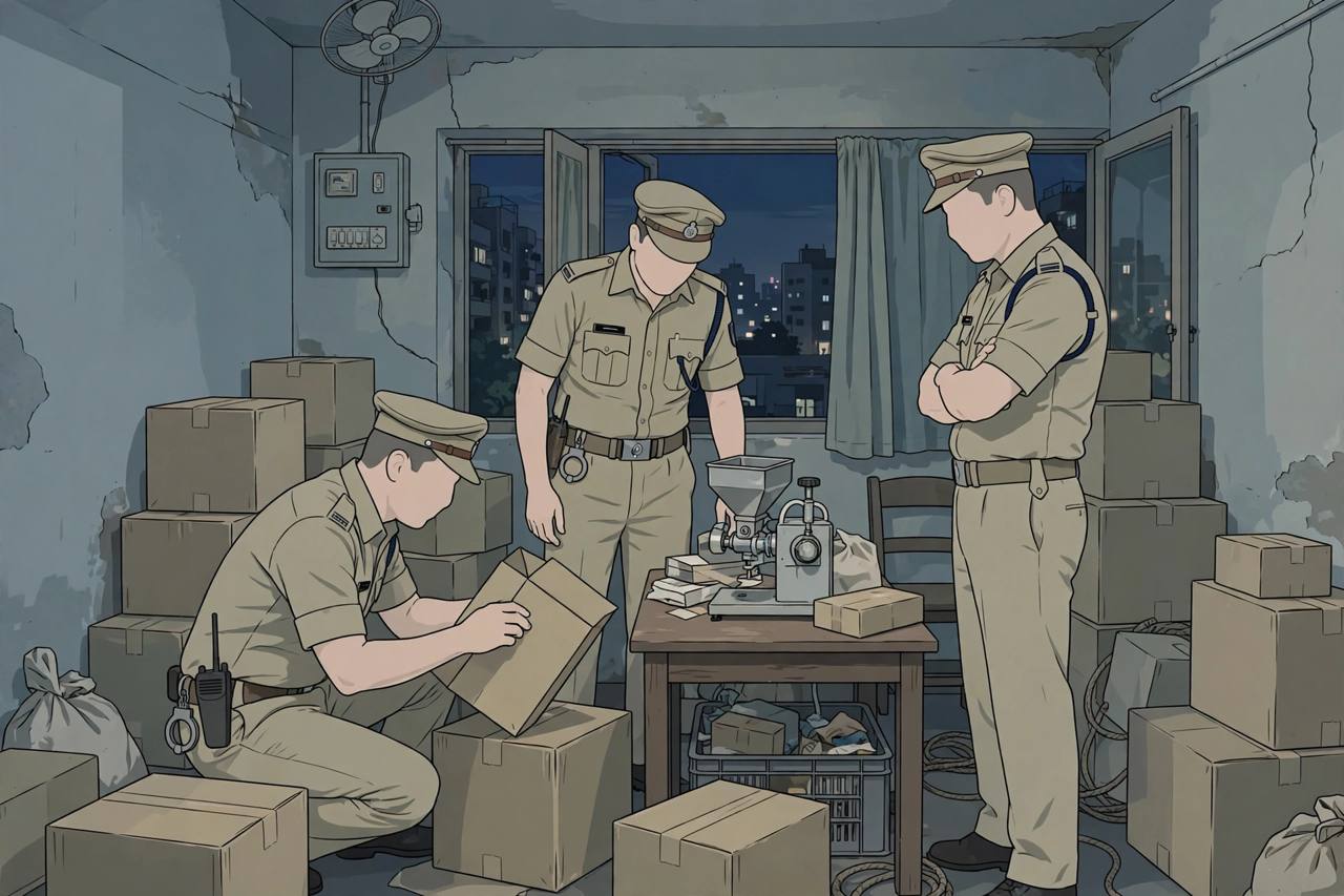 Editorial illustration of police officers inspecting sealed boxes inside a residential room in Delhi during a raid on an alleged illegal firecracker unit